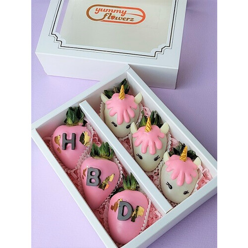 6pcs Pastel Pink Unicorn with Gold Leaf "HBD" Chocolate Strawberries Gift Box